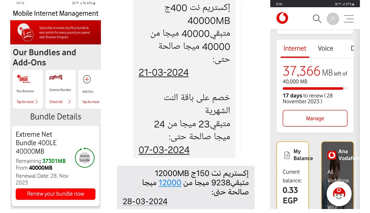 Zbývající data na Sim kartě od Vodafone, Egypt