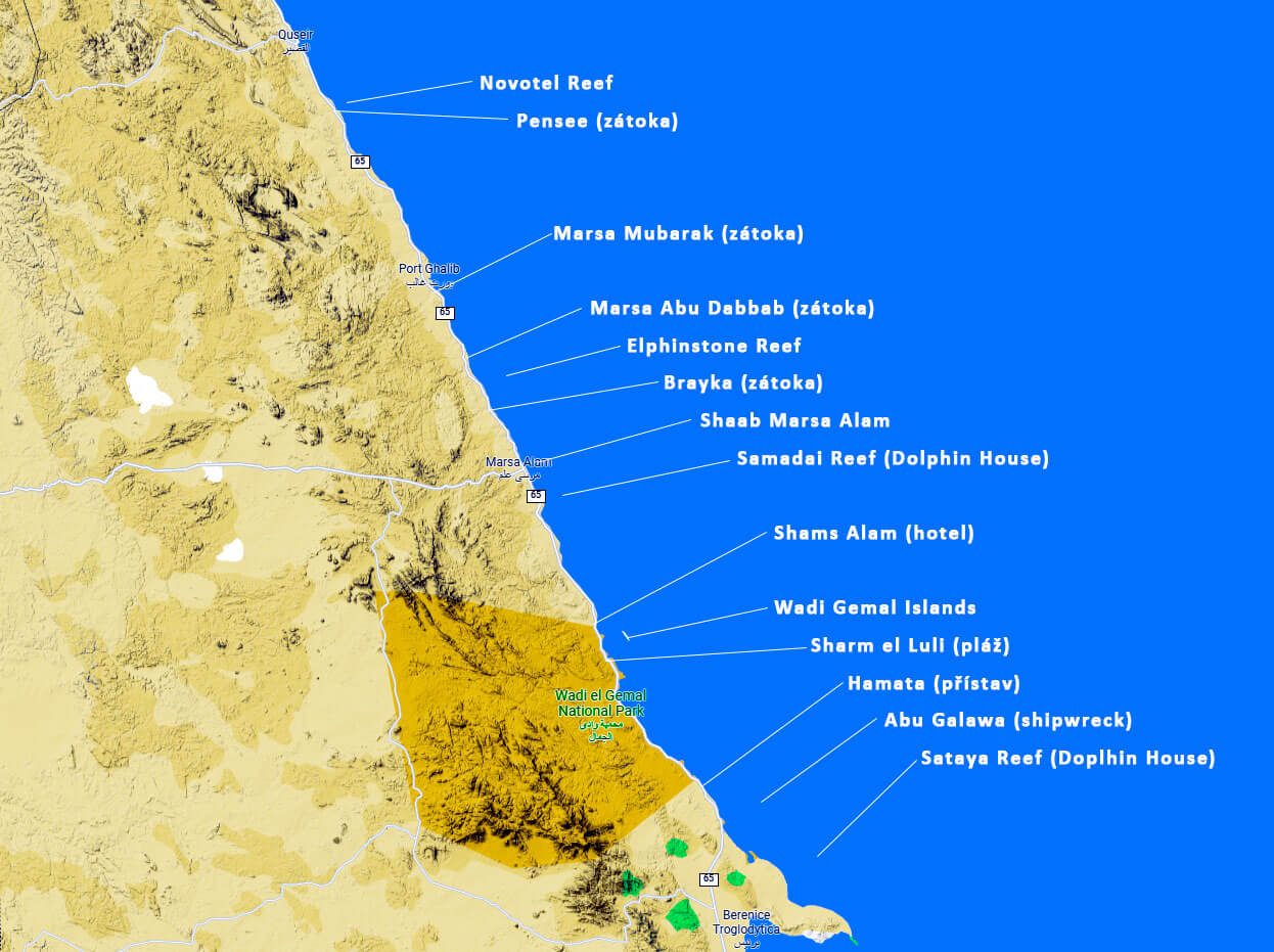 Lokality na potápění v Marsa Alam na mapě