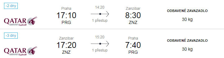 Doba letu Praha Zanzibar