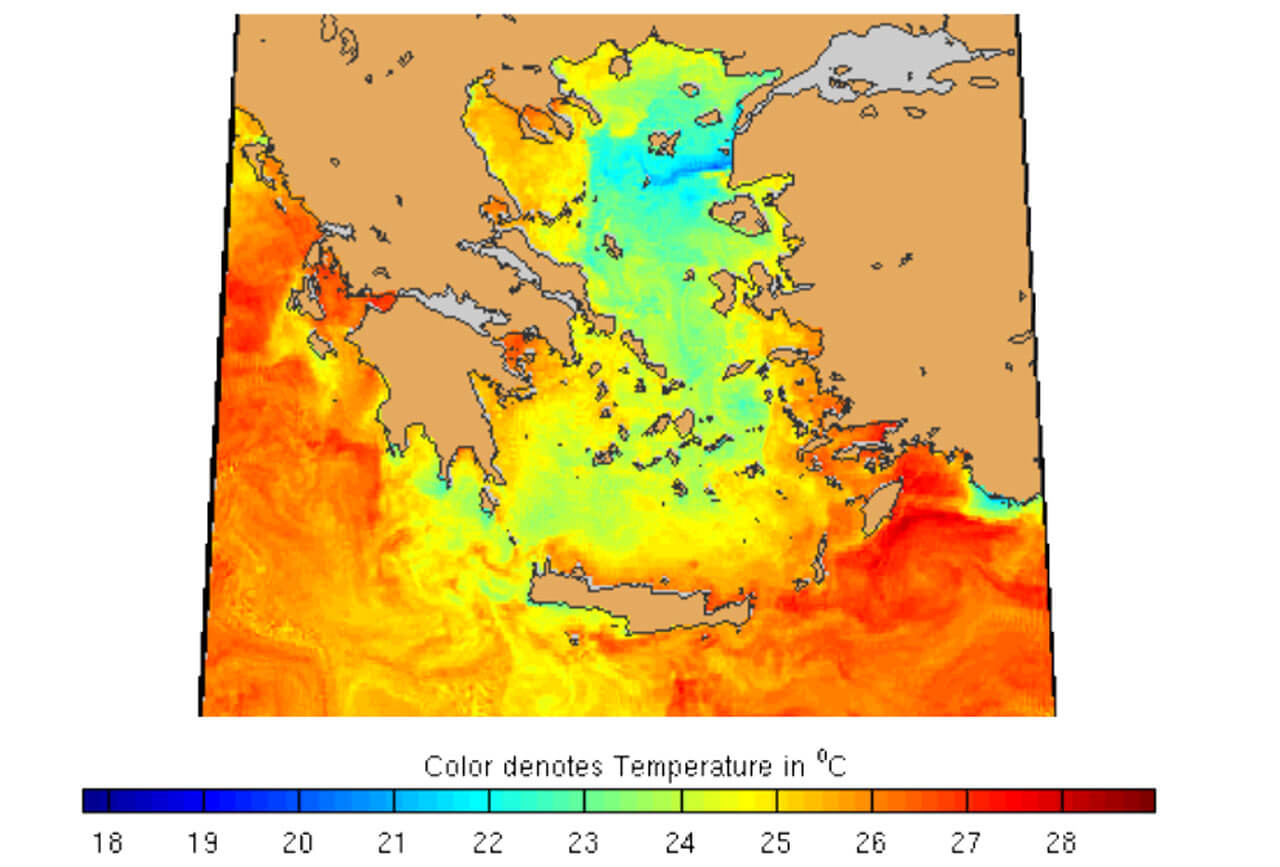 Teplota moře Kréta, Řecko - teplotní mapa